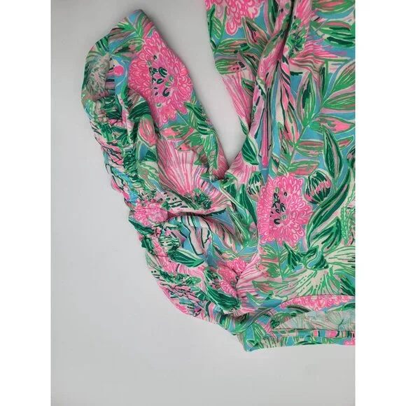 Lilly Pulitzer Belden Ruched Elbow Sleeve Dress Womens LG Floral Spring Preppy - Picture 9 of 9
